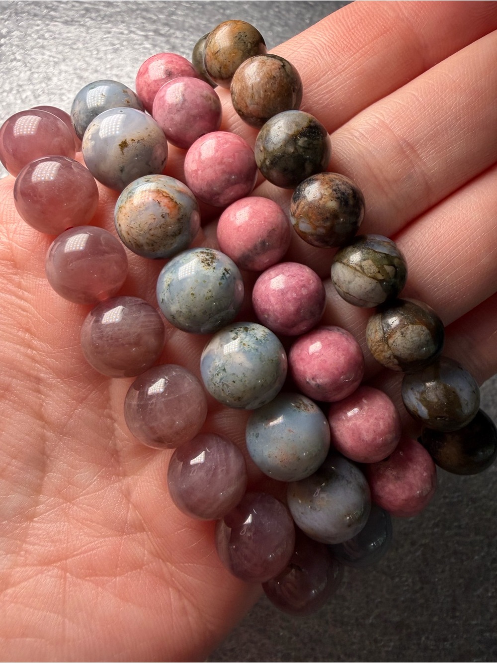 Natural Crystal Bracelet Bundle- Rose Quartz, Que Sera Stone, Rhodonite, OJ